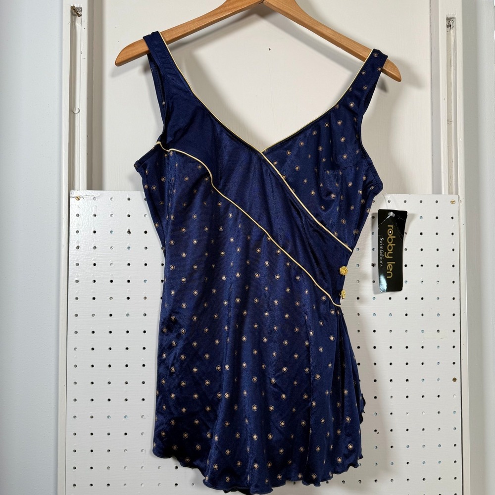 Vintage Robby Len Swimsuit Women's Navy Gold Button One Piece‎ USA Made - 14 NWT